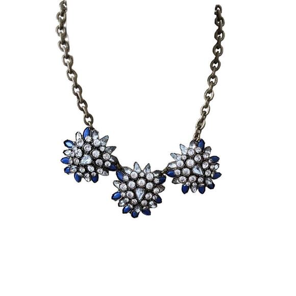 Ann Taylor Loft Statement Necklace Blue Clear Rhinestone Silver Tone Metal Chain - Picture 1 of 3